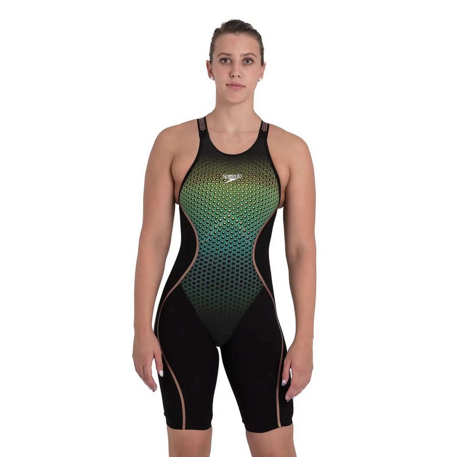 Womens * | Speedo Fastskin Printed Sonic Scorch Intent Open Back Kneeskin Black/Yellow