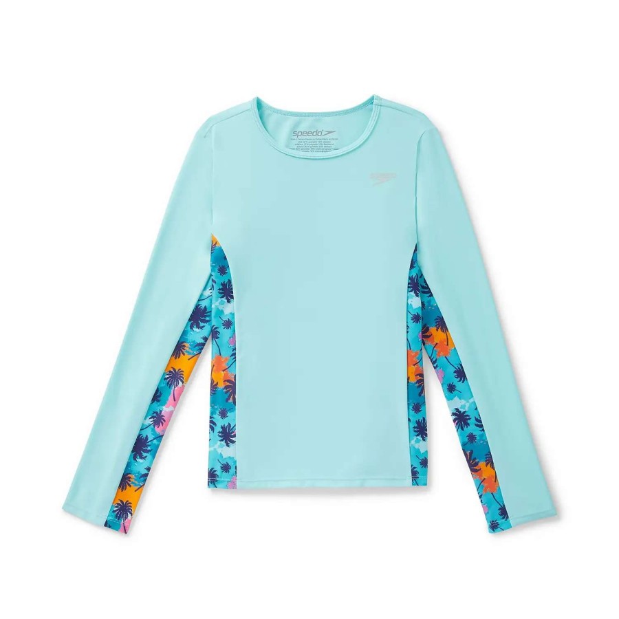 Kids * | Speedo Long Sleeve Printed Splice Rashguard Light Blue