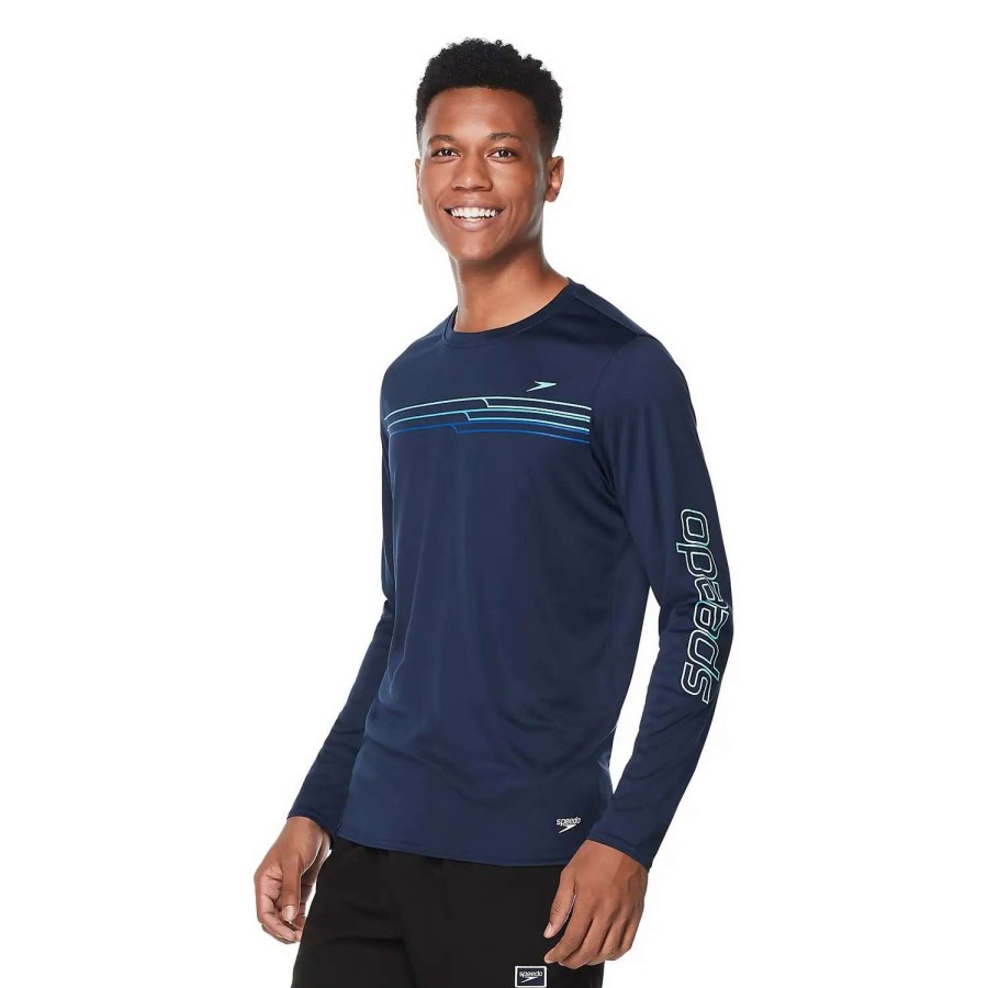 Mens * | Speedo Graphic Long Sleeve Swim Shirt Peacoat