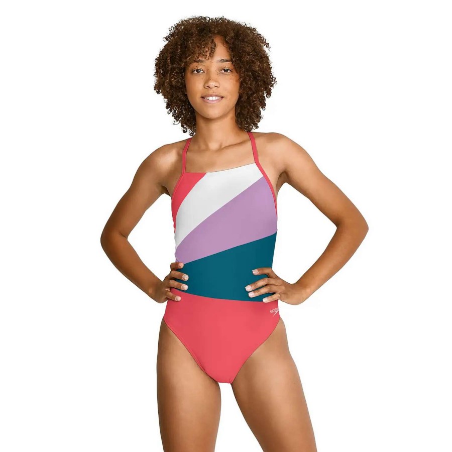 Womens * | Speedo Radiating Splice T-Back One Piece Fiery Coral