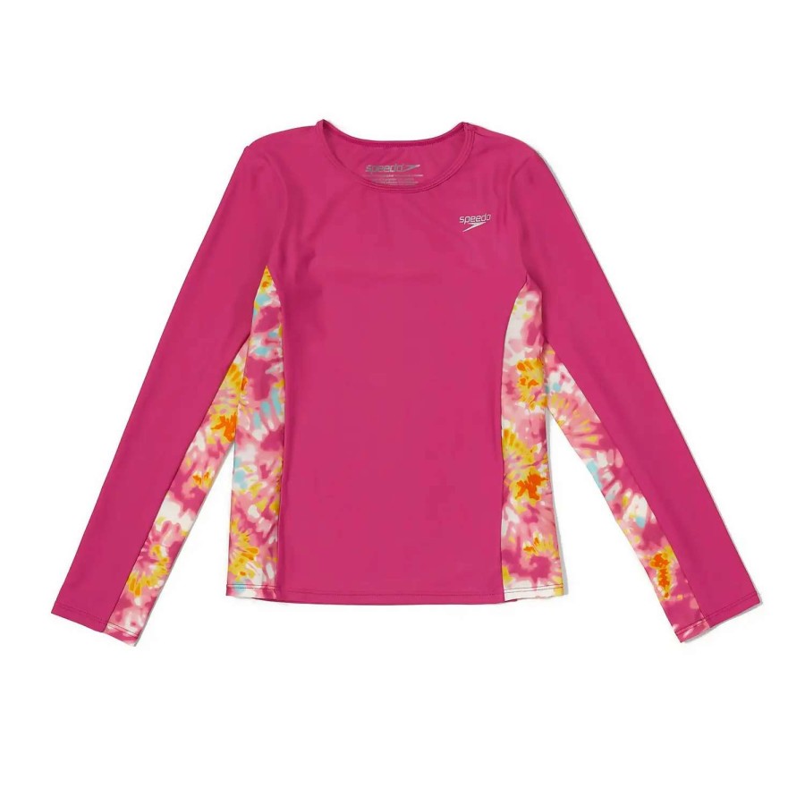 Kids * | Speedo Long Sleeve Printed Splice Rashguard Fuchsia