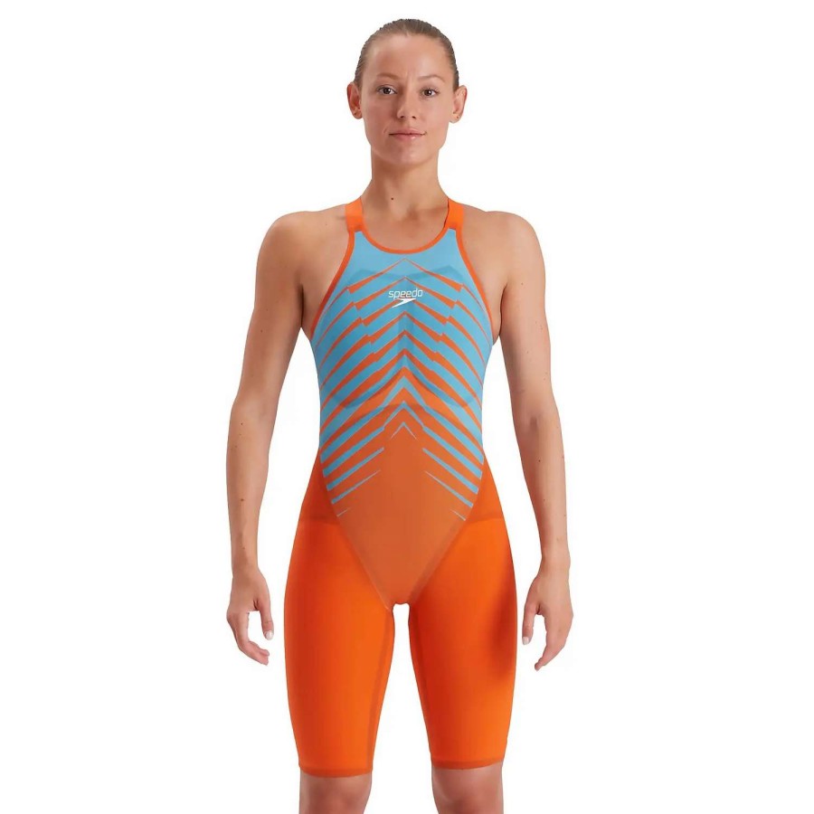 Womens * | Speedo Fastskin Lzr Printed Valor Open Back Kneeskin Sonic Scorch